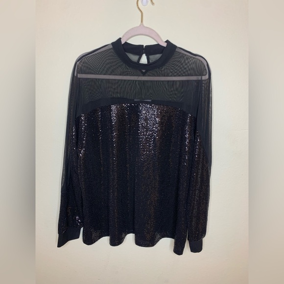 Nine West Tops - Nine West Black Sequin Blouse with Mandarin Collar